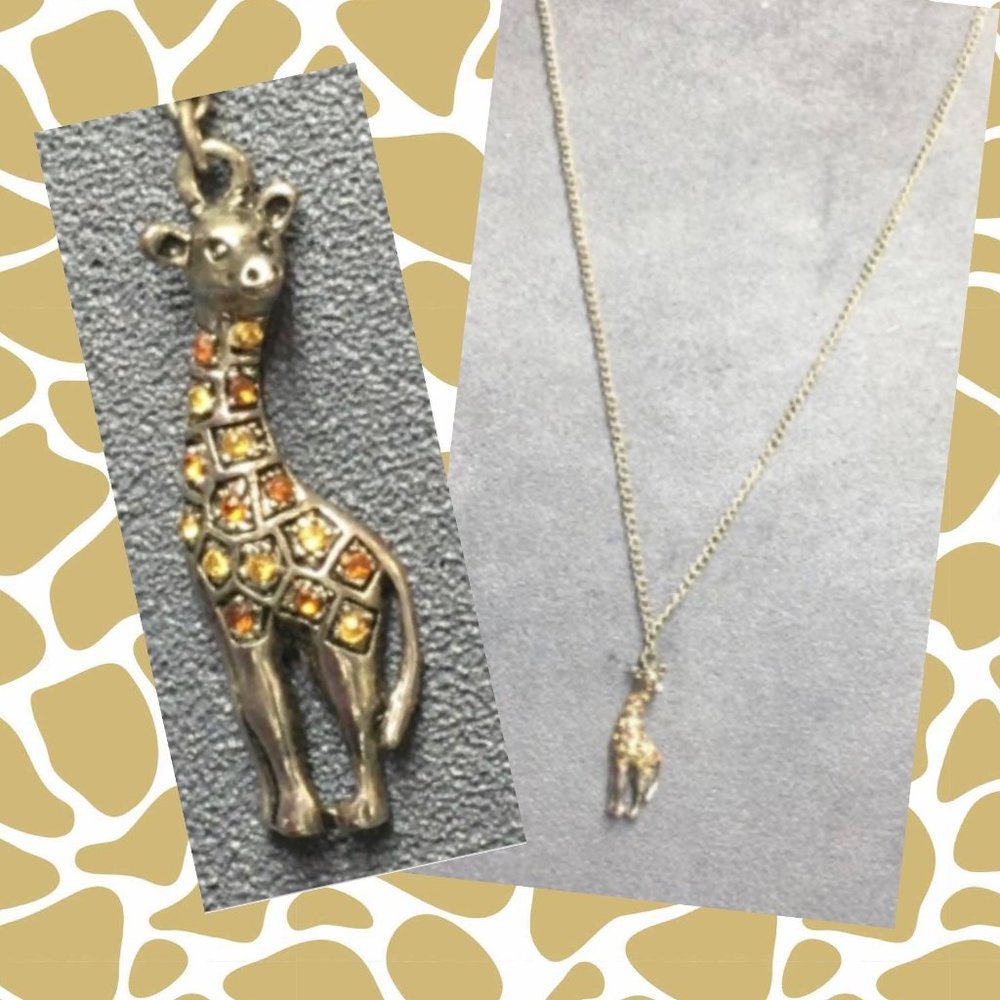 Giraffe Pendant Necklace Silver Chain Orange Rhinestone Animal Spots Bling Glam